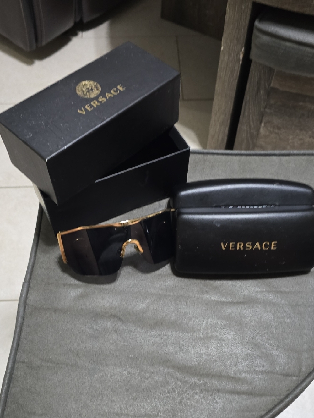 Versace Gold Frame Black Shield Sunglasses with Logo Case